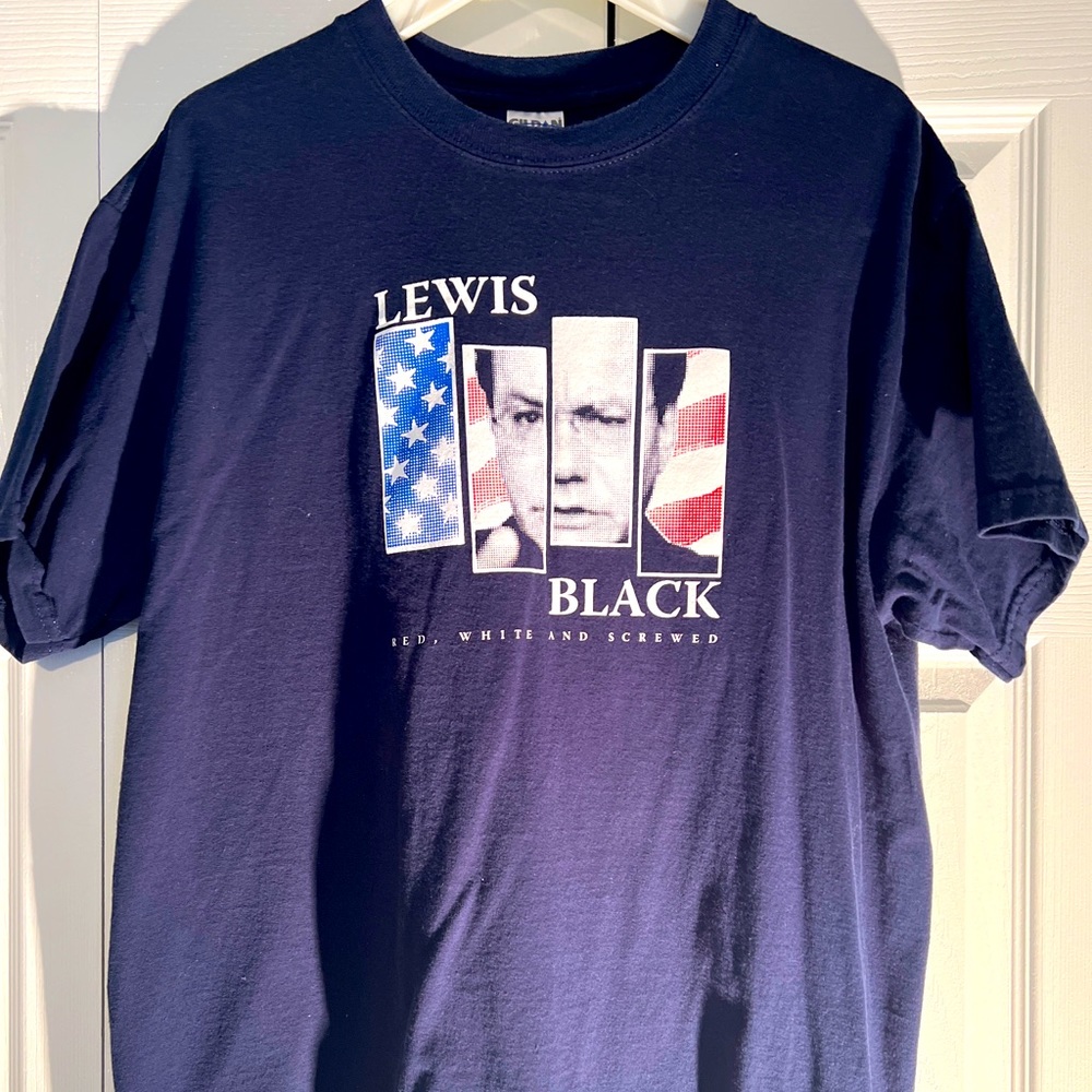 Lewis Black Red, White & Screwed Comedy Tour T-shirt men’s size large Navy Blue